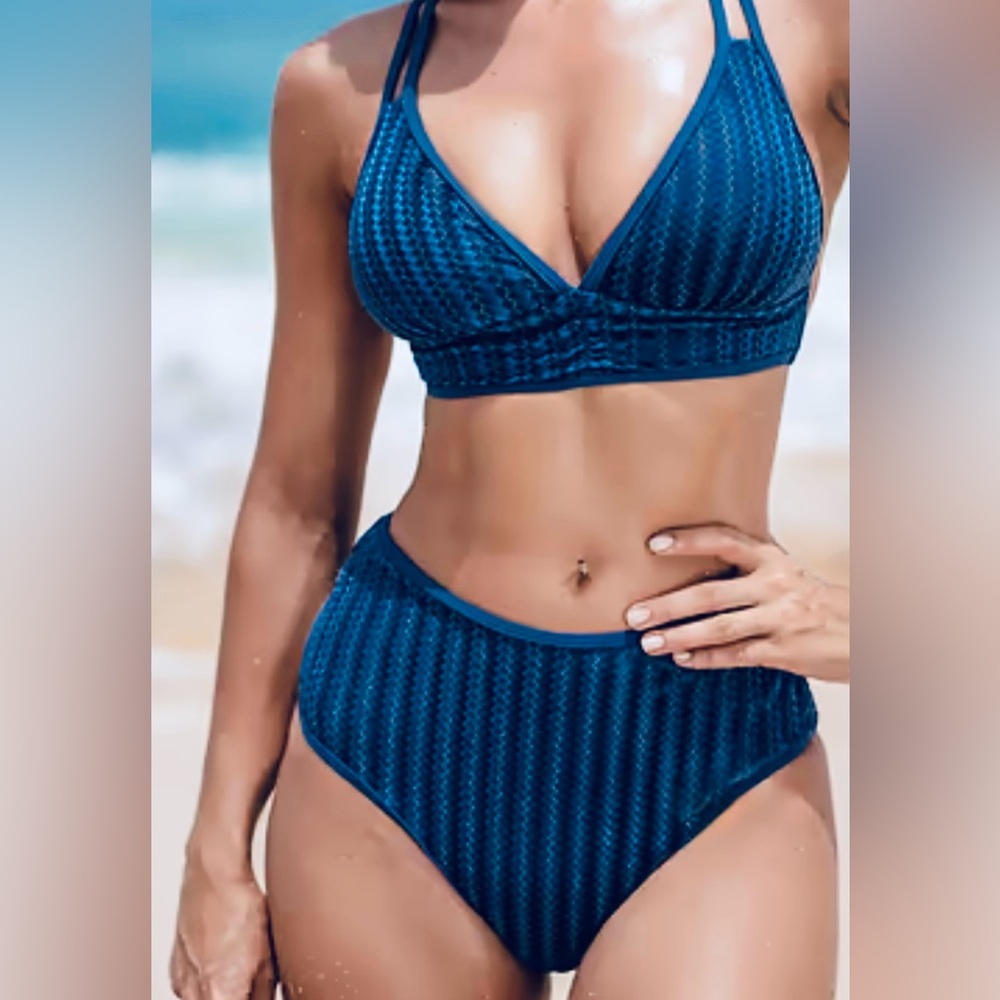 Cupshe Shiny Blue Bikini Top & High-Rise Bottoms Set